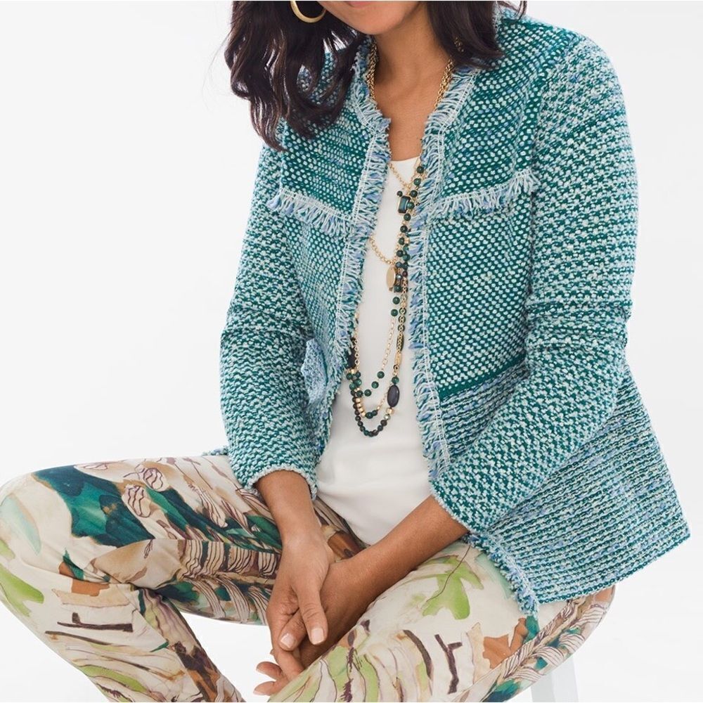 Chico’s Blazer Women’s 1 / Medium / 8 Structured Teal Tweed Open Front Cardigan